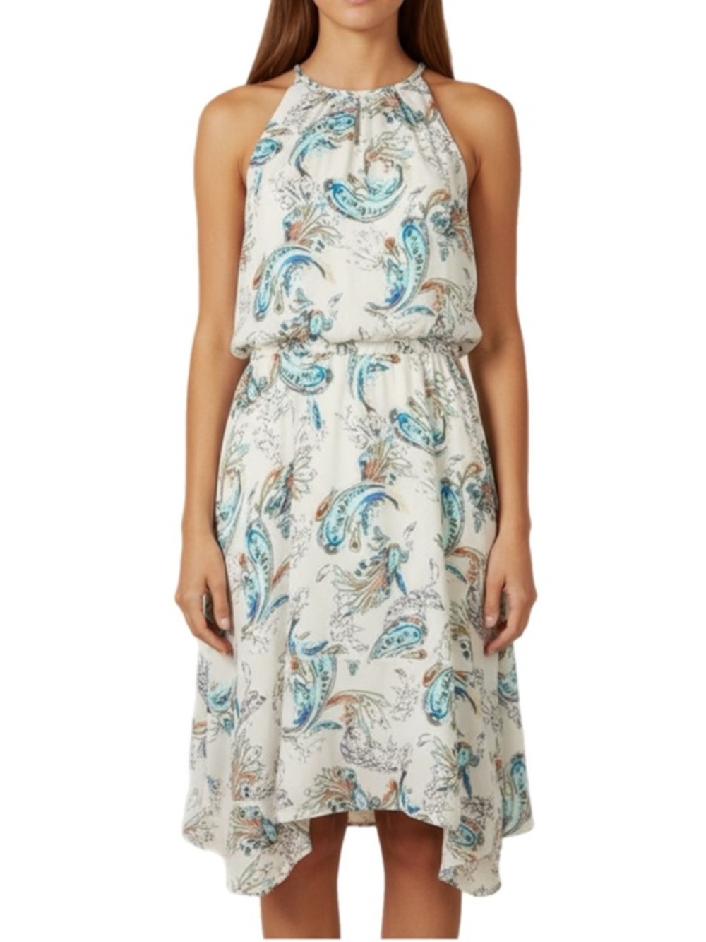 White House Black Market | Watercolor White & Blue Paisley High Low Dress